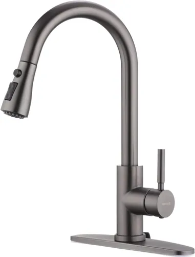 WEWE Grifo de cocina de acero inoxidable negro con rociador desplegable, grifo de fregadero de acero inoxidable comercial moderno de una sola manija