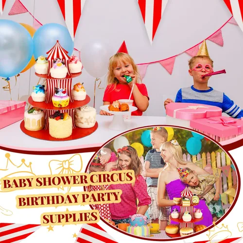 Miniatura 4 de Amyhill 2 soportes para cupcakes de carnaval de cartón de 3 niveles, soporte para cupcakes de circo a rayas rojas y blancas para exhibiciones