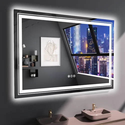 Miniatura 14 de Snowdool Espejo LED de baño, 32 x 32 pulgadas con luz frontal y retroiluminada, antivaho, espejo de tocador de baño para pared, función de memoria