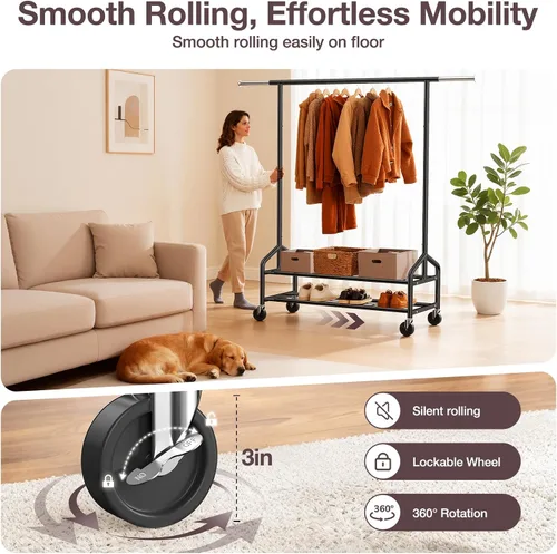 Miniatura 5 de Perchero de ropa resistente, 650 libras de carga para colgar ropa con 2 estantes resistentes, perchero de metal con ruedas para dormitorio