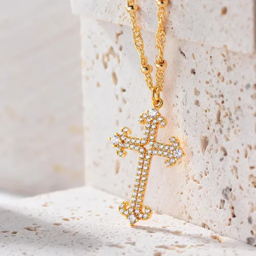 Miniatura 33 de Fettero - Collar con dije de cruz de fe, chapado en oro de 14 K, cadena fina, minimalista, simple, pequeña, para oración, regalo de joyería religiosa
