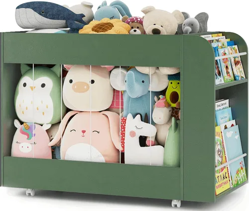 Miniatura 10 de Caja de almacenamiento de juguetes 3 en 1 con estantería y pizarra, baúl grande de juguetes de peluche con ruedas, organizador de almacenamiento