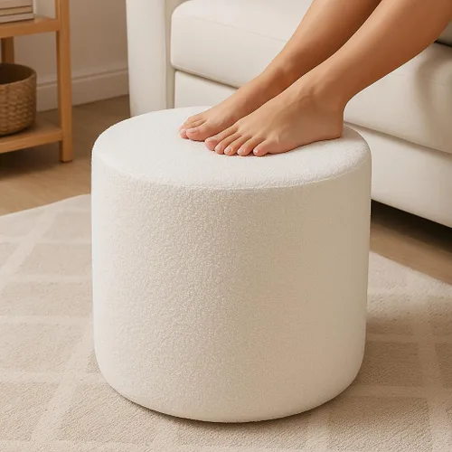 Miniatura 10 de Taburete otomano de pana blanca – Reposapiés de tela de pana boucle texturizado con espuma suave, puf redondo ligero para sala de estar acogedora