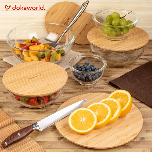 Miniatura 8 de Juego apilable de 5 cuencos de vidrio anidados para ahorrar espacio con tapas de bambú para preparación de alimentos, almacenamiento, horneado