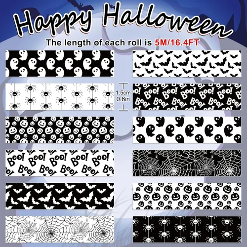 Miniatura 2 de Whaline 12 rollos de cintas Washi de Halloween, color blanco y negro, fantasma, murciélago, araña, calabaza, Washi, cinta adhesiva de 0.591 in