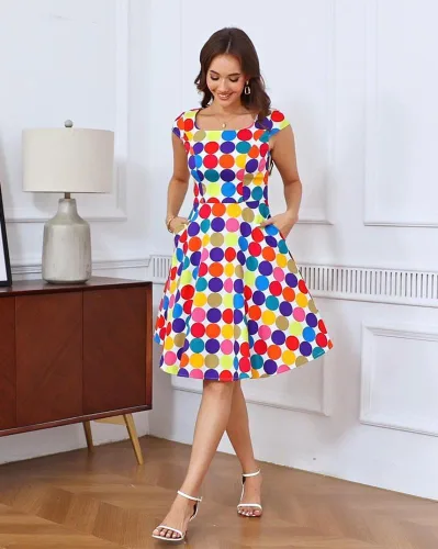 Miniatura 2 de PUKAVT - Vestido de cóctel para mujer, diseño con manga casquillo, vestido de fiesta de estilo retro acampanado de los años 1950, con bolsillos