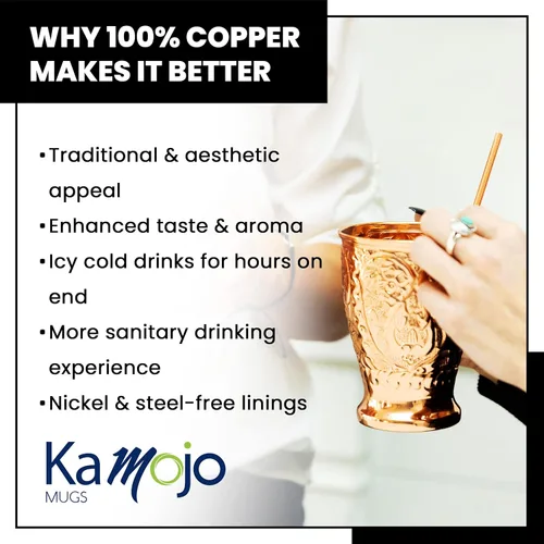 Miniatura 4 de Kamojo Moscow Mule Cups - Juego de 4 tazas de cobre Moscow Mule de primera calidad con diseño único en relieve y antideslustre, revestimiento