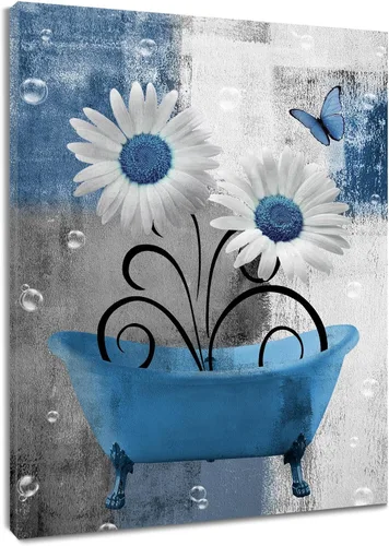 HVEST Arte de pared floral azul y blanco, rústico, vintage, margarita, flor, mariposa, cuadros, decoración de pared, lienzo geométrico abstracto