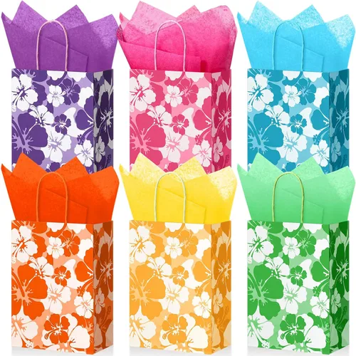 Teling 12 Set Hibiscus Party Favor Hawaiian Themed Paper Bag with Tissues Summer Tropical Gift Tiki Luau Treat Hawaii Goodie Bags with Handles
