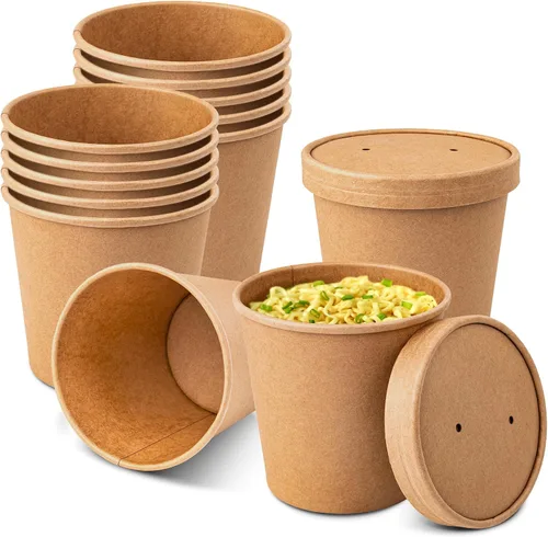 Miniatura 9 de PakTalk Paquete de 50 Recipientes de Sopa con Tapas, Vasos de Helado Desechables y Biodegradables, Cuencos de Sopa de Papel Kraft de 12 oz con Tapas