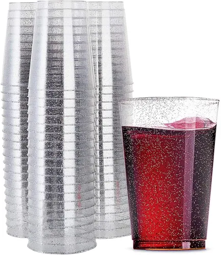 WDF Paquete de 100 vasos desechables de plástico con purpurina plateada, 12 onzas, sin BPA, resistentes, ideales para fiestas de Navidad, bodas, uso