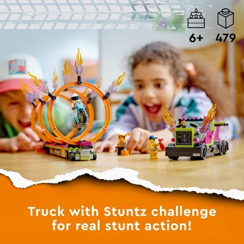 Miniatura 2 de LEGO City Stuntz Stunt Truck & Ring of Fire Challenge 60357 con juguete de motocicleta impulsado por volante y minifiguras, regalo divertido