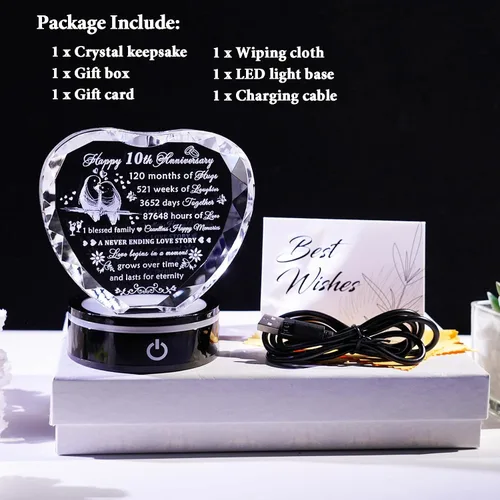 Miniatura 6 de YWHL Regalos de corazón de cristal para parejas con base LED, grabado con láser, regalo de recuerdo de feliz décimo aniversario para esposa, marido