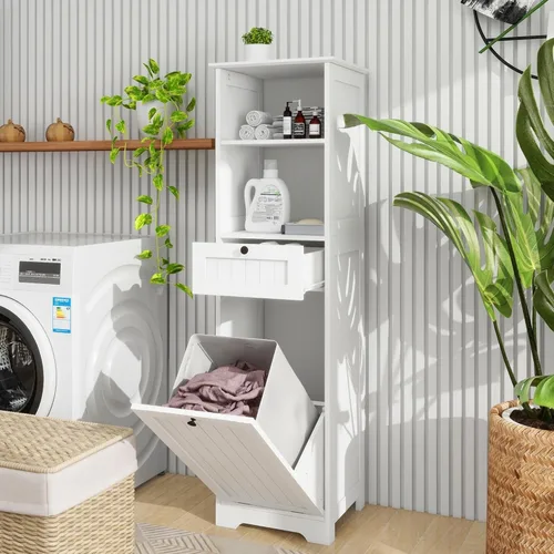 Miniatura 12 de Cesto de Ropa Sucia Alto con Puertas Dobles Abatibles, Gabinetes Grandes de Almacenamiento Extraíbles para Cuarto de Lavado, Gabinete de Baño