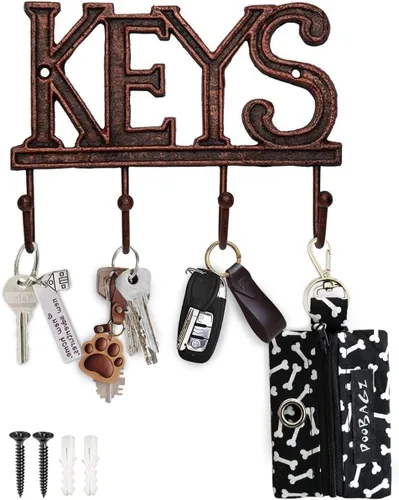 Llavero Comfify para pared - Organizador decorativo de llaves estilo granja rústica con 4 ganchos - Parrilla vintage de hierro fundido con tornillos