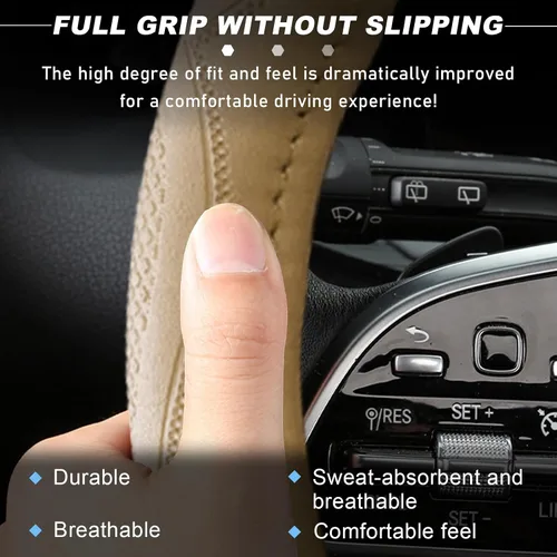 Miniatura 5 de Funda de cuero para volante de 15 pulgadas, transpirable, antideslizante, funda protectora para volante, elástica, suave, cómoda, universal
