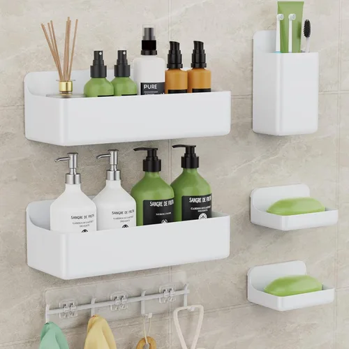 Miniatura 10 de Paquete de 6 estantes de ducha adhesivos inoxidables para ducha interior, sin perforaciones, organizador de baño y almacenamiento grande con soporte