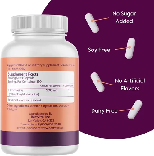 Miniatura 3 de BESTVITE L-Carnosina 500mg (240 cápsulas) (120x2) Sin rellenos - Sin estearatos - Sin OMG - Sin gluten