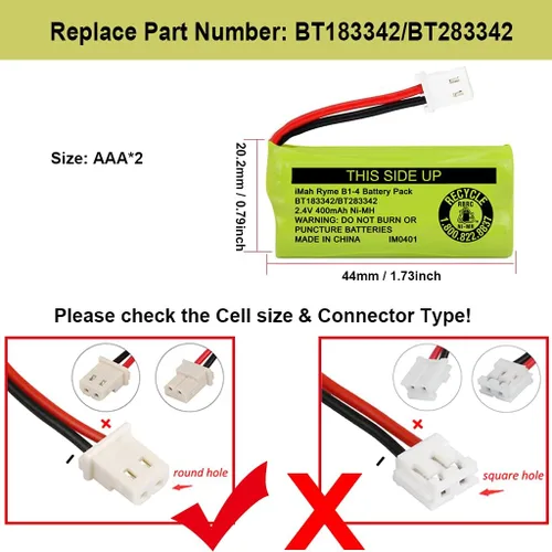 Miniatura 2 de iMah BT183342/BT283342 2.4V 400mAh Ni-MH - Batería compatible con baterías de teléfono inalámbrico AT&T VTech BT166342/BT266342 BT162342/BT262342