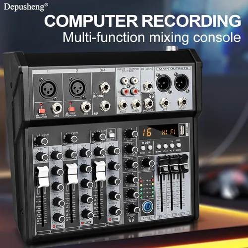 Miniatura 2 de Depusheng Mezclador de Audio Profesional, Sistema de Consola de Mezcla de Tablero de Sonido de Interfaz de Audio de 4 Canales, Mezclador DJ