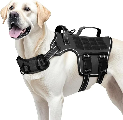 Arnés para perros grandes resistente, arnés táctico sin tirones para perro con sistema Molle, chaleco para perro de servicio fácil de poner y Negro