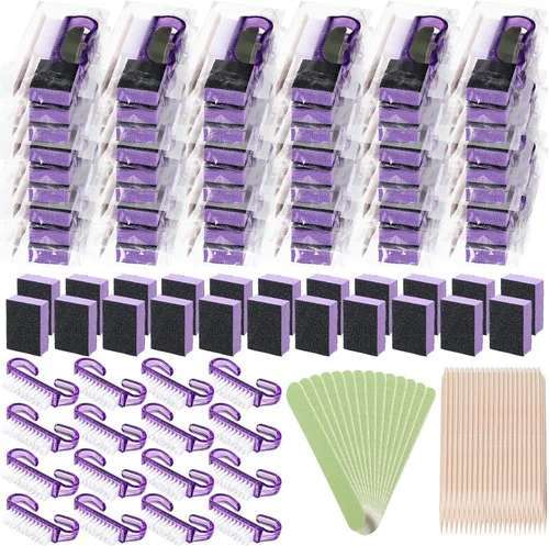 Juego de 100 juegos de manicura profesional desechables, kit básico de 4 piezas, lima de uñas de madera, grano 100/180, mini amortiguador de grano