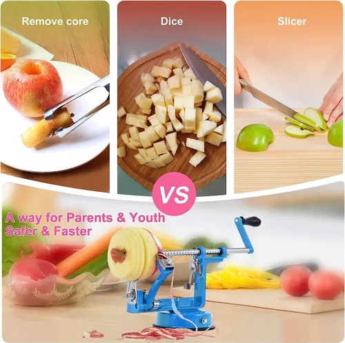 Miniatura 4 de Pelador de manzanas, rebanador descorazonador peladores de patatas 3 en 1, acero inoxidable resistente con base de ventosa y 3 cuchillas adicionales