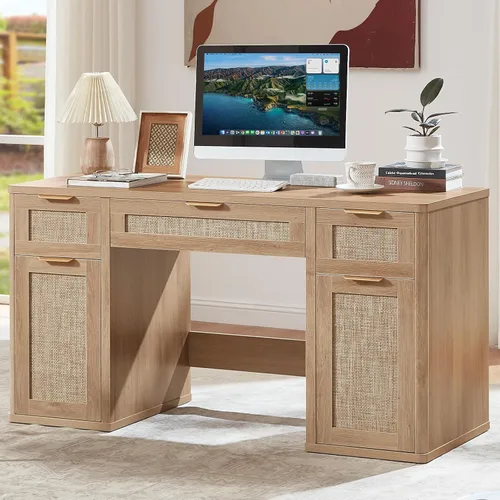 Miniatura 9 de LEYAOYAO Office Desk 56" with 5 Drawers Storage File Cabinet Rattan Wood Desk for Computer Office Bedroom Home Furniture Black