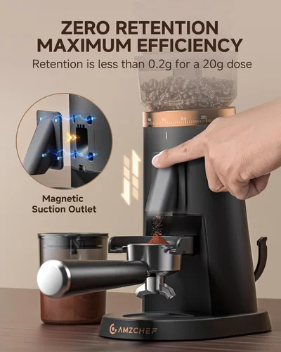 Miniatura 5 de AMZCHEF Molinillo de café de dosis única, molinillo de rebabas de 75 ajustes, rebabas cónicas de 1.575 in, diseño antiestático y de baja retención