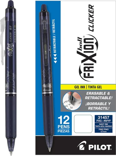 PILOT, FriXion Clicker Erasable Gel Pens, Fine Point Pens 0.7 mm, Navy, 12 Count (Pack of 12)