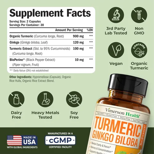 Miniatura 3 de Suplemento herbal de apoyo para la comodidad y alivio articulares, concentración, memoria, función cerebral y alerta mental de curcumina de cúrcuma