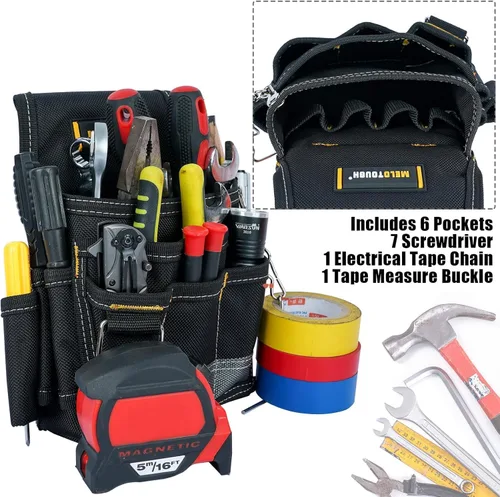 Miniatura 6 de MELOTOUGH Bolsa de herramientas para electricista, bolsas para cinturón de herramientas, múltiples bolsillos, organizador de herramientas para Gris