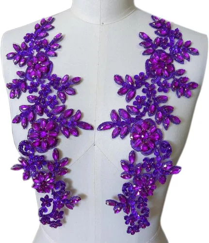 Miniatura 9 de 1 par de parches de encaje con cristales brillantes, cuentas de vidrio y piedras, para coser a mano, accesorios para decoración de vestidos de novia