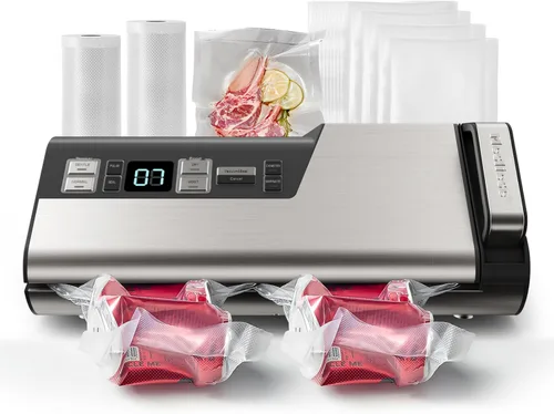 Mesliese Máquina selladora al vacío, 95 kPa 140 W, sellador de alimentos con una sola mano, tira de doble sellado con cortador integrado y pantalla
