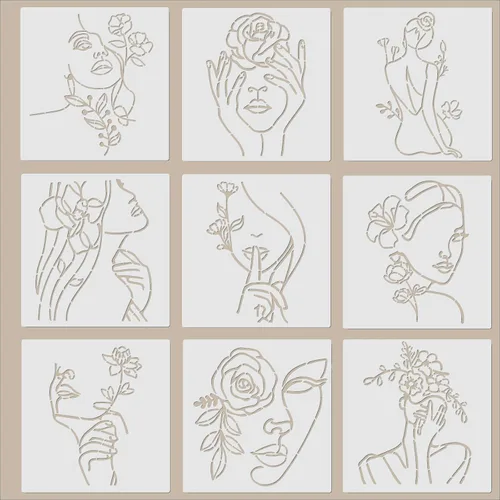 Miniatura 7 de ORIGACH 9 PCS 11.8x11.8 pulgadas Plantillas Abstractas Minimalistas Modernas de Mujeres, Patrón de Cara Femenina Floral Plantillas Grandes de PET