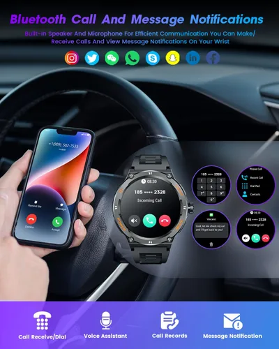 Miniatura 2 de Reloj inteligente para hombres Android Fitness Tracker: 1.53 "Militar Reloj inteligente con linterna brújula hacer respuesta Bluetooth Llamada Negro