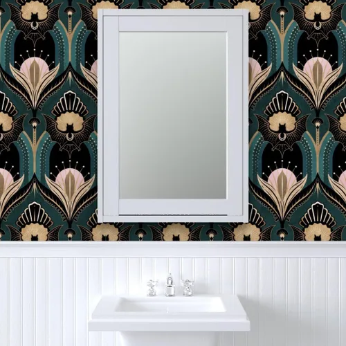 Miniatura 9 de Muestra de Papel Pintado de Pelar y Pegar Spoonflower - Elegante Art Deco Murciélagos Flores Azul Verde Oro Negro Rosa 1920S Opulento Maximalista