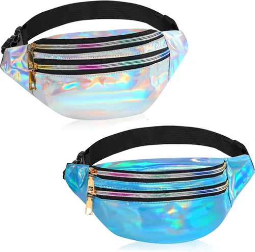 ONUPGO Riñonera holográfica de 2 piezas para mujeres, niñas y hombres, riñonera brillante de color metálico, impermeable, holograma de poliuretano,