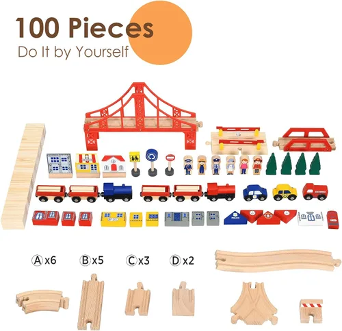 Miniatura 3 de OLAKIDS Mesa de tren, 100 piezas de madera para niños, juego de mesa de actividades con cajón de almacenamiento, pistas de ferrocarril multicolor