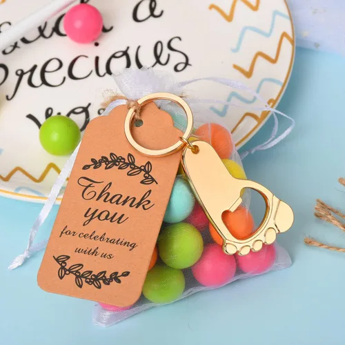 Miniatura 5 de 50 piezas de abrebotellas de huellas, recuerdos de baby shower para bebé invitado con llavero y bolsas de organza (dorado)