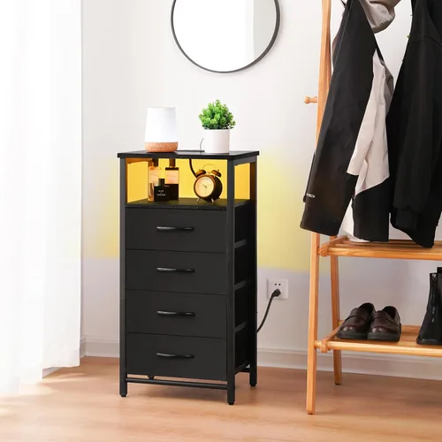 Miniatura 2 de Yoobure - Mesita de noche - Cómoda pequeña para dormitorio, mesita de noche LED negra con estación de carga, mesa de noche con 4 cajones de tela