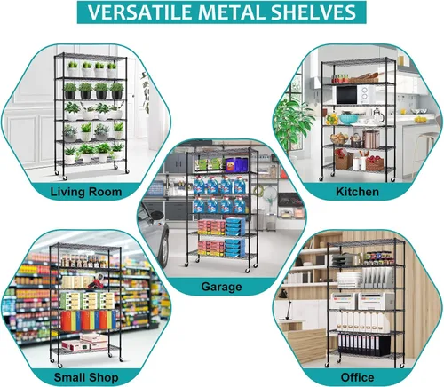 Miniatura 7 de TTY Store Estantería de alambre de 6 niveles, 2100 libras, estantes de almacenamiento de garaje ajustables NSF con niveladores de ruedas y pies