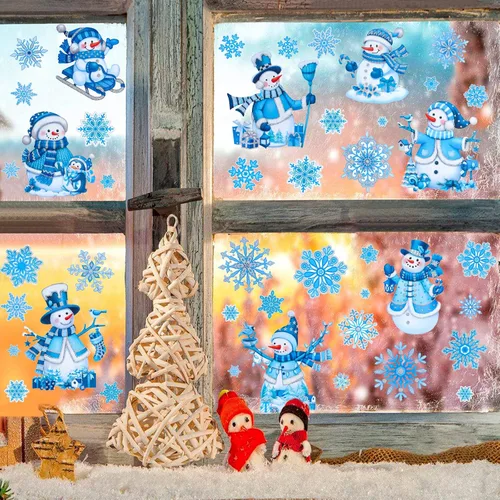 Miniatura 5 de Calcomanías de ventana de Navidad para vidrio, pegatinas de muñeco de nieve para ventana, polvo de brillo, etiquetas adhesivas estáticas de brillo