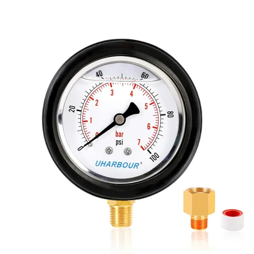 Miniatura 34 de Medidor de presión relleno de glicerina 1/4 NPT 100psi/7bar, carcasa de acero inoxidable, construcción interior de latón, esfera de 2-1/2", conexión