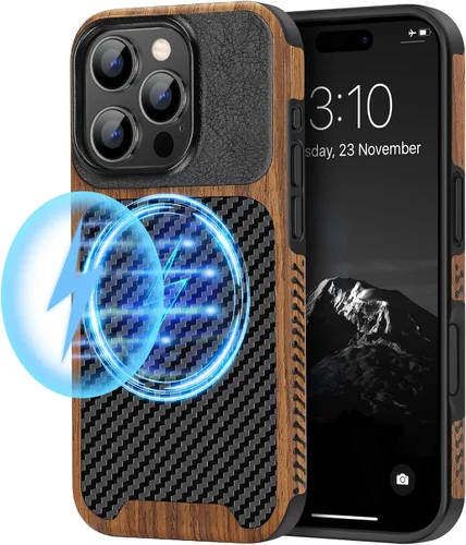 Miniatura 17 de TENDLIN Compatible con iPhone 17 Pro Max Funda de madera con textura de fibra de carbono Diseño de cuero híbrido delgado (negro)
