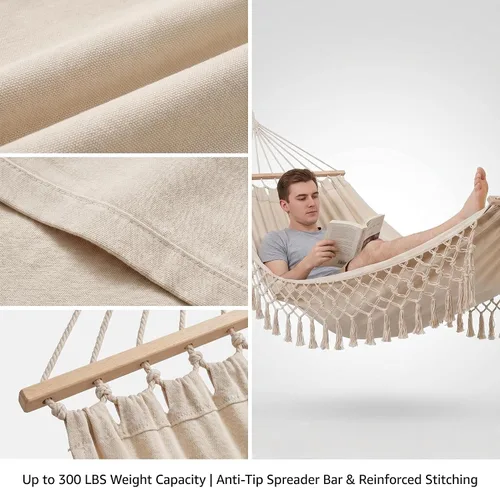 Miniatura 2 de Hamaca portátil, hamaca bohemia, hamaca de cuerda, adecuada, patio, playa, patio trasero, jardín (blanco, 79 x 39) Soft Breathable Cotton Canvas