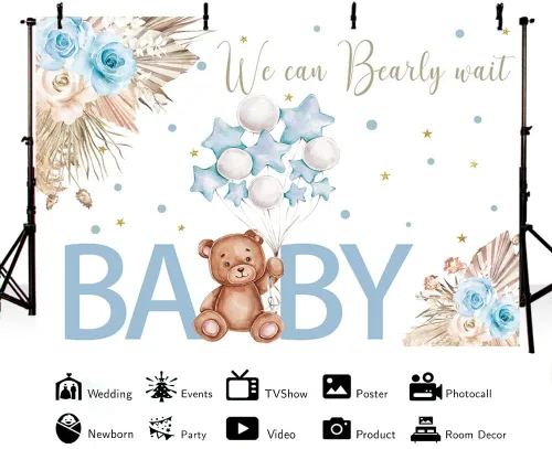 Miniatura 2 de AIBIIN Telón de fondo azul de 7 x 5 pies para baby shower, con texto en inglés "We Can Bearly Wait", fondo de fotografía, bohemio, floral, baby