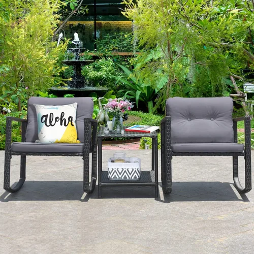 Miniatura 3 de Tangkula Juego de 3 piezas de muebles mecedoras de mimbre para patio, juego de muebles de mecedora para exteriores con asiento acolchado, juego