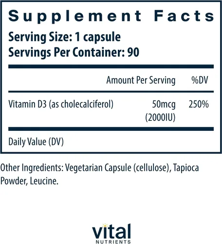 Miniatura 2 de Vital Nutrients Vitamina D3 2000 UI Suplemento de vitamina D para apoyar la absorción de calcio y la salud ósea* Sin gluten, lácteos y soja
