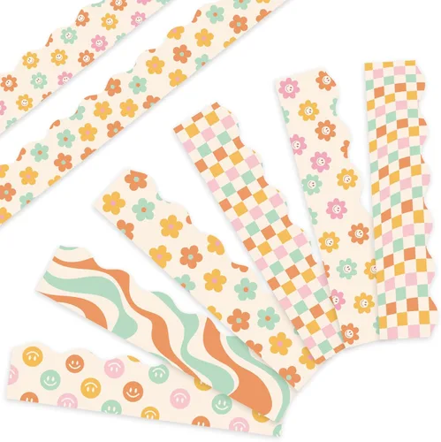 Whaline Bordes retro Groovy de los años 70 para tablón de anuncios de 82 pies, diseño de cara de flores pastel a cuadros, borde bohemio para